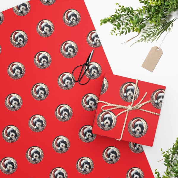 Festive Bernedoodle Wrapping Paper: Red Holiday Design