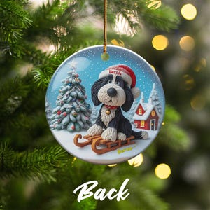 Christmas Ornament, Bernedoodle Sledding Scene | Sublimation Ceramic Decor | 3-Inch Glossy Flat Double-Sided image 5