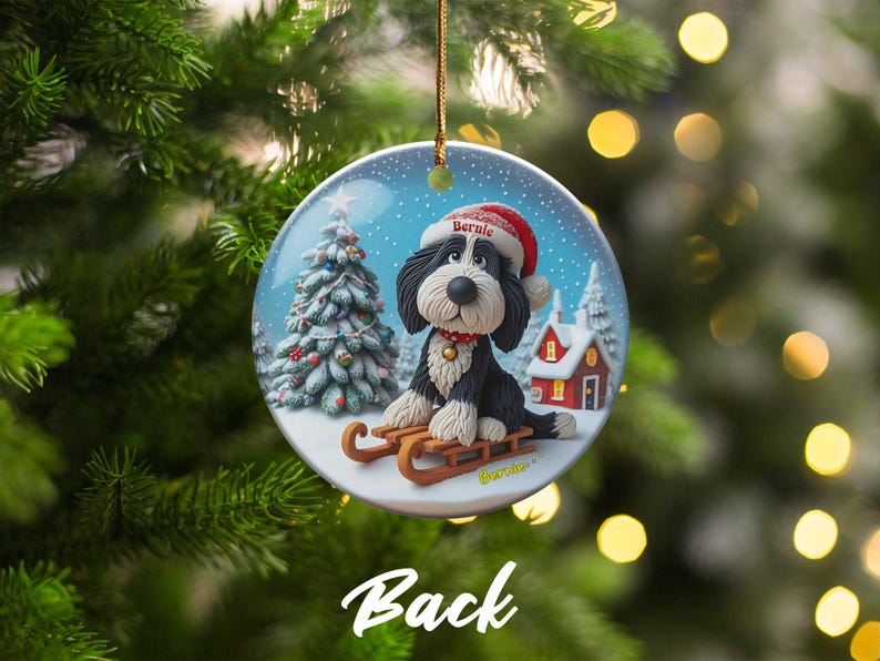 Christmas Ornament, Bernedoodle Sledding Scene | Sublimation Ceramic Decor | 3-Inch Glossy Flat Double-Sided image 5