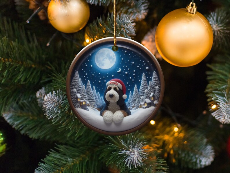 Bernedoodle Ornament, Santa Hat Ceramic | Sublimation Print | Personalized Winter Keepsake, 3 Inch image 6