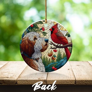 Doodle Dog and Cardinal Ceramic Ornament, Faux Stained Glass Design image 7