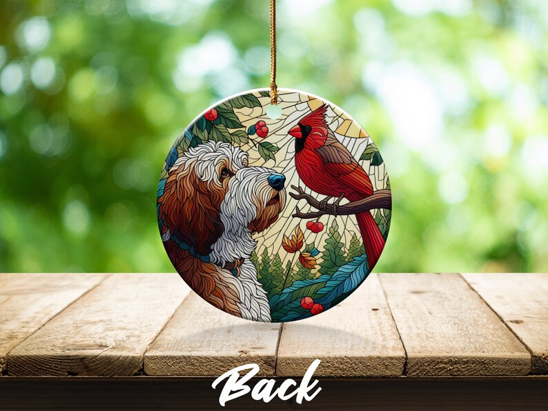Doodle Dog and Cardinal Ceramic Ornament, Faux Stained Glass Design image 7