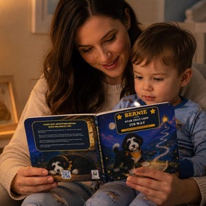 Pu&ograve; includere: Un libro cartonato per bambini intitolato Bernie and the Star That Lost Its Way, con una copertina blu scuro che mostra un cucciolo bianco e nero con una bandana gialla, un sentiero luminoso e testo su una storia d'avventura con un QR code.