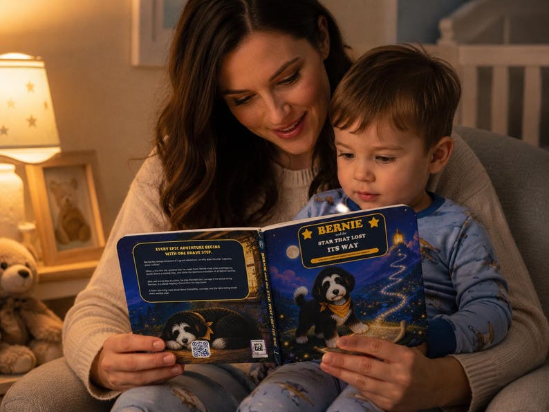 Pu&ograve; includere: Un libro cartonato per bambini intitolato Bernie and the Star That Lost Its Way, con una copertina blu scuro che mostra un cucciolo bianco e nero con una bandana gialla, un sentiero luminoso e testo su una storia d'avventura con un QR code.