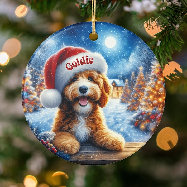 Goldendoodle Santa, Ceramic Ornament: Festive Doodle Decor | Sublimation Printing | Two-Sided Personalized Holiday Keepsake