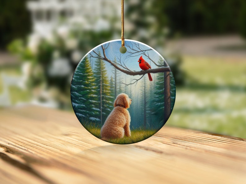 Cardinal and Goldendoodle Ceramic Ornament, Oil Paint Design image 4