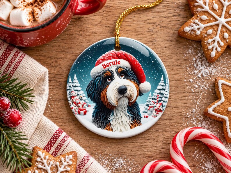 May include: A round ceramic Christmas ornament featuring a Bernese Mountain Dog wearing a red Santa hat with the name Bernie printed on the brim. The dog is set against a snowy winter landscape with pine trees and snowmen.