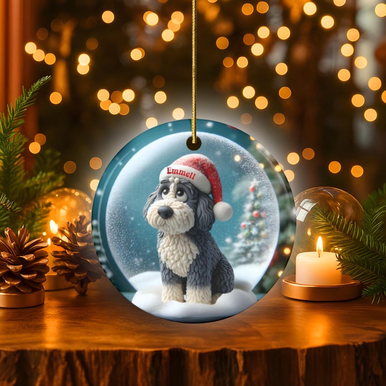 Sheepadoodle Dog Christmas Ornament, Festive Snow Scene Decor | Ceramic | Sublimation Two-Sided Keepsake image 1