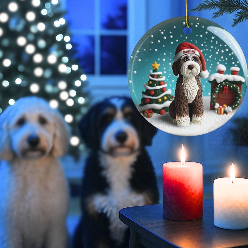 Bernedoodle-ornament - Gepersonaliseerd bruin hondenbeeldje als aandenken, rond keramisch met sublimatieprint, 7 cm groot, een blijvend kerststuk afbeelding 3