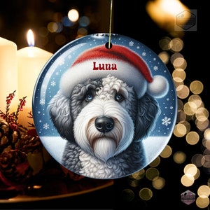 Sheepadoodle Ceramic Ornament, showcasing stunning blue eyes. Personalized ornament with your dogs name