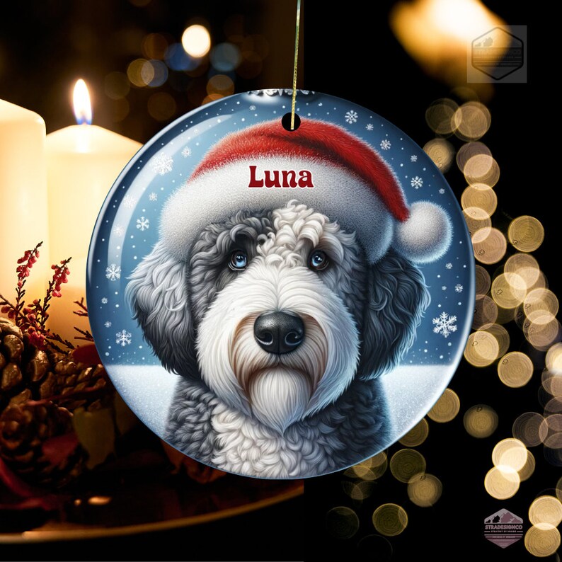 Sheepadoodle Ceramic Ornament, showcasing stunning blue eyes. Personalized ornament with your dogs name