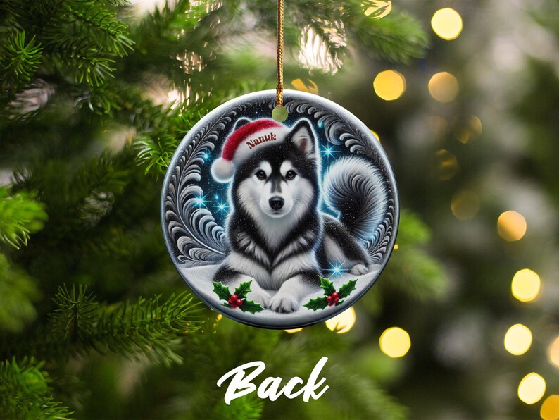 Black Husky Keepsake, Personalized Santa Hat Ornament | Sublimation Ceramic | 3 Inch Glossy Holiday Decor image 6