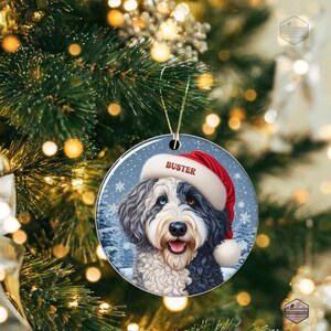 Merle Bernedoodle Ceramic Ornament, showcasing stunning blue eyes. Personalized ornament with your dogs name