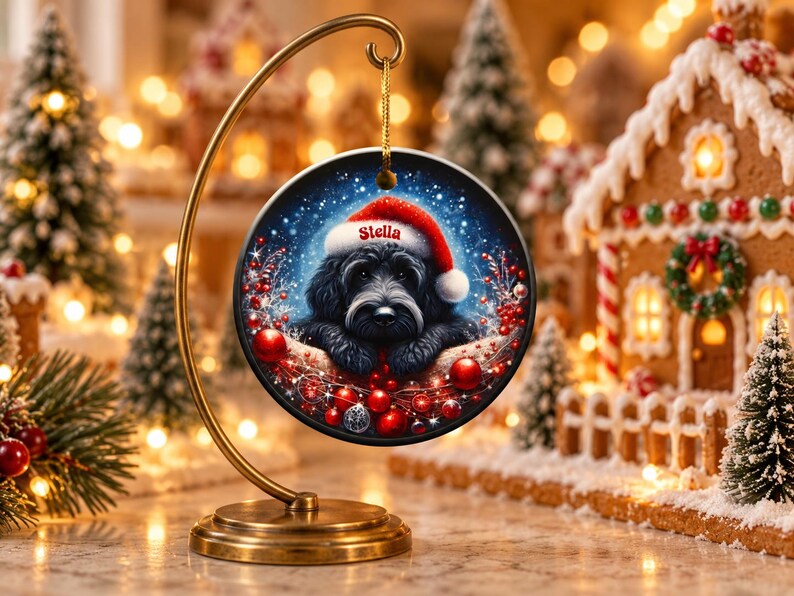 May include: A round ceramic Christmas ornament hanging from a gold metal stand. The ornament features a black dog wearing a red Santa hat with the name Stella printed on the brim, surrounded by red berries and ornaments on a blue background.