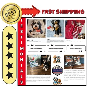 Może przedstawiać: Obraz przedstawia r&oacute;żnorodne produkty z motywami ps&oacute;w Bernedoodle. Należą do nich bluza, koc i pończochy świąteczne. Referencje podkreślają jakość i szybką wysyłkę. Produkty zostały zaprojektowane przez Stradesignco.