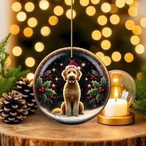 May include: A round Christmas ornament featuring a golden doodle dog wearing a Santa hat with the name "Goldie". The ornament is decorated with holly and berries, set against a snowy background and a starry night sky.
