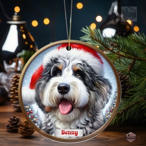 Merle Bernedoodle Fade with Hazel Eyes in a Christmas Ornament - Personalized with Your Dog's Name