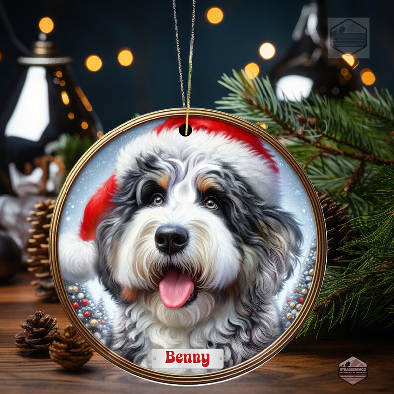 Merle Bernedoodle Fade with Hazel Eyes in a Christmas Ornament - Personalized with Your Dog's Name