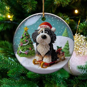 Bernedoodle Sledding, Snow Globe Style Ornament | Ceramic | 3 Inch Personalized Double Sided Keepsake afbeelding 8