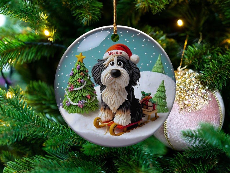 Bernedoodle Sledding, Snow Globe Style Ornament | Ceramic | 3 Inch Personalized Double Sided Keepsake afbeelding 8
