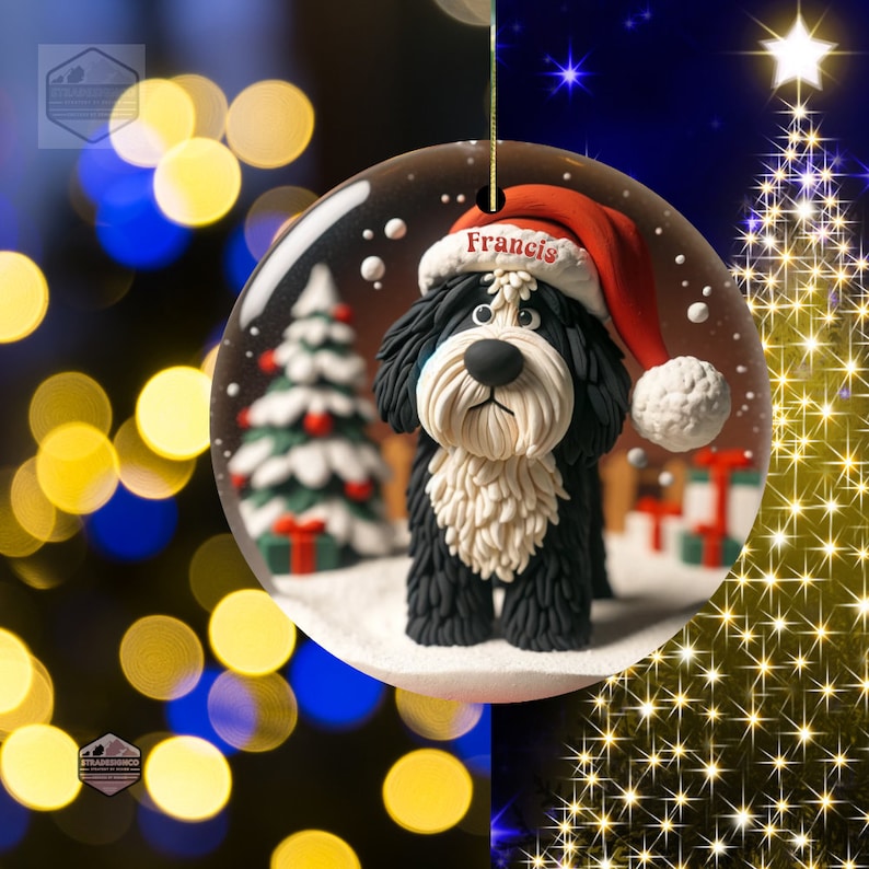 Cute Bernedoodle Ornament featuring a clay style ornament peering at the magic of Christmas.  Personalized Ornament and great gift for any doodle mom or doodle dad.