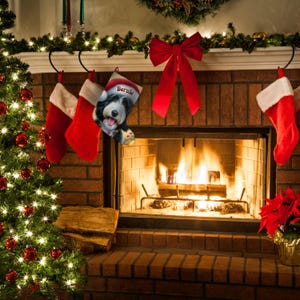 Bernedoodle Christmas stocking with a cute black and white dog wearing a Santa hat and smiling, personalized with the name ‘Bernie’. Festive holiday background with candy canes, lights, and ornaments — perfect personalized dog lover gift, Bernedoodle holiday décor, or custom pet Christmas stocking.