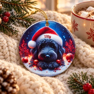 May include: A round ceramic Christmas ornament featuring a black dog wearing a red and white Santa hat. The name Tilly is printed in red on the hat. The background shows a snowy scene with red berries and ornaments, suspended by a gold string.