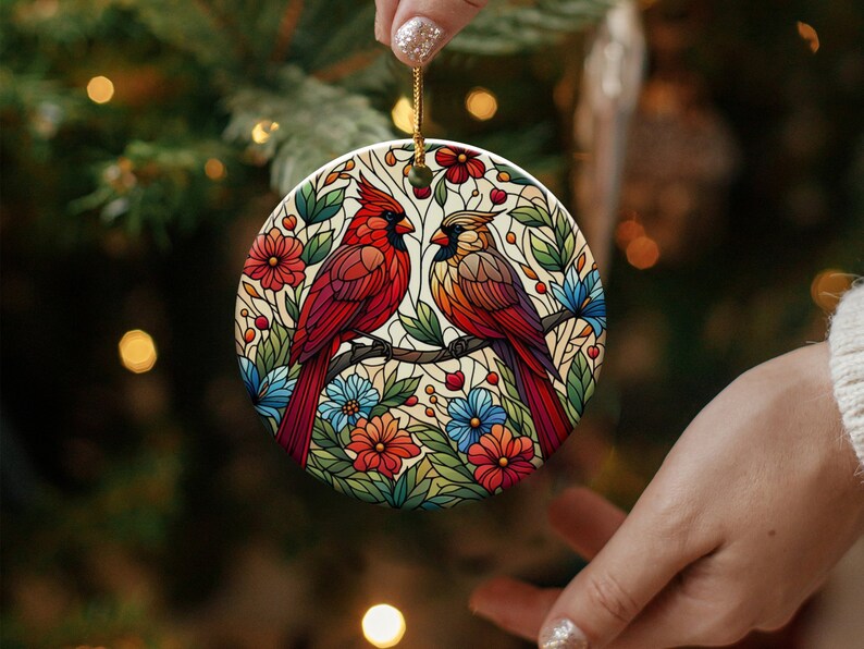 Cardinal Ceramic Ornament, Faux Stained Glass Design image 4