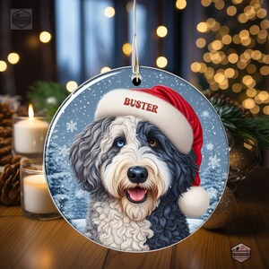 Merle Bernedoodle Ceramic Ornament, showcasing stunning blue eyes. Personalized ornament with your dogs name