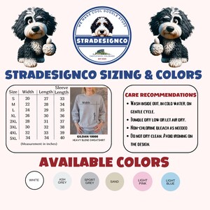 May include: Image showing a light grey Gildan 18000 heavy blend sweatshirt with sizing and colour information. The sizing chart is in inches. Available colours include white, ash grey, sport grey, sand, light pink, and light blue. Care instructions are also provided.
