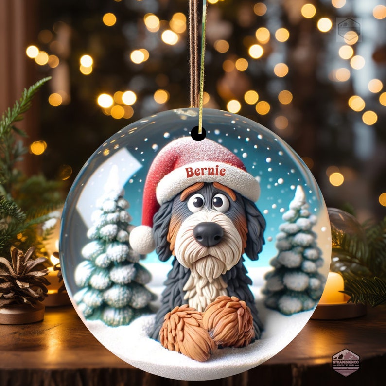 Cute clay style bernedoodle looking worried that Santa isn't coming.  Personalized bernedoodle ornament.