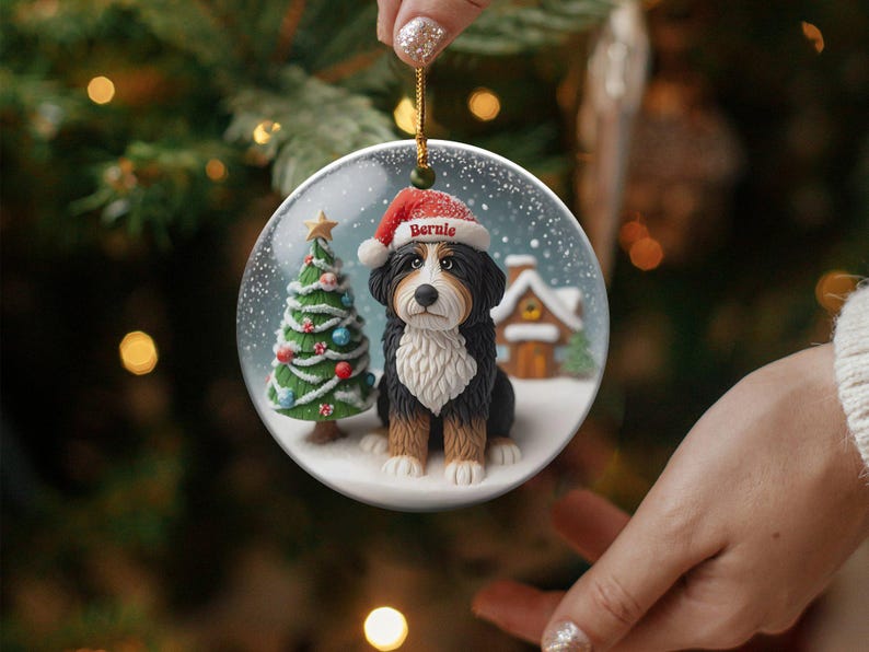 Bernedoodle Keepsake, Custom Name Ornament - Glossy Round Ceramic - Sublimation Printed Dog Lover Gift, Holiday Tree Decor image 5