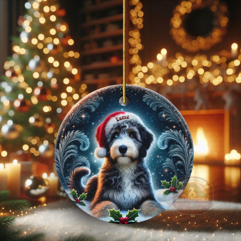 Merle Bernedoodle, Personalized Santa Hat Ornament | Sublimation Ceramic | Custom Dog Lover Gift image 16