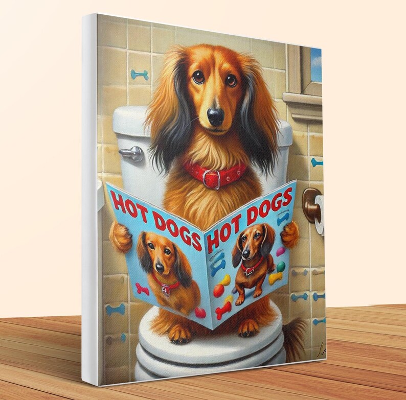 Red long-haired dachshund using the restroom on toilet reading a magazine like a human.