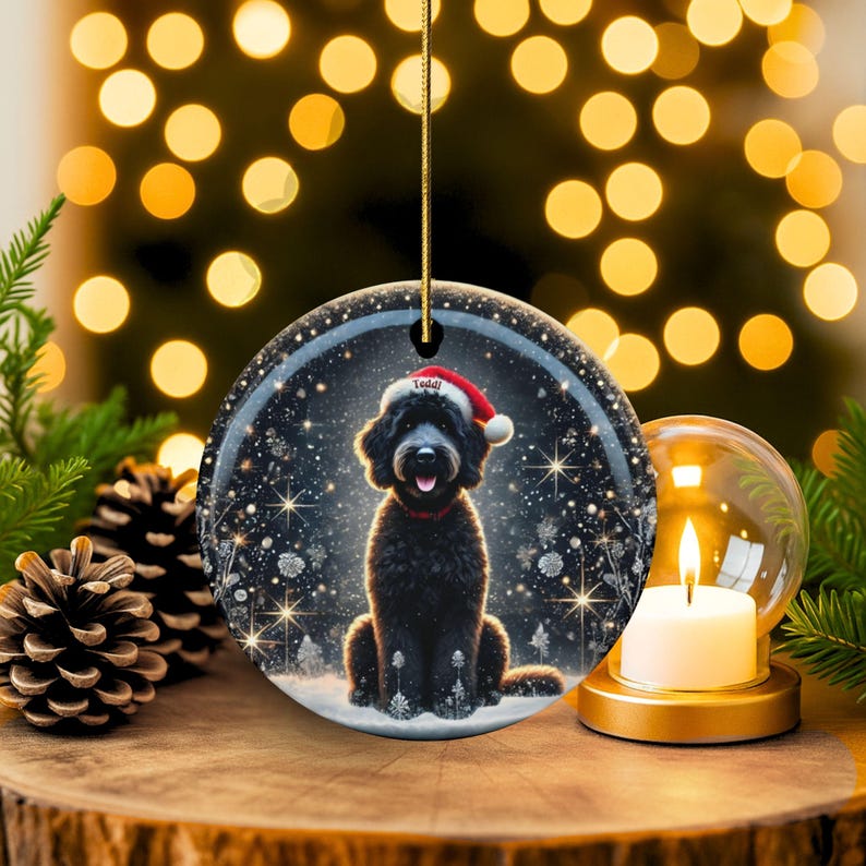 May include: A round Christmas ornament featuring a black dog wearing a Santa hat and a red collar, set against a snowy, starry background. The ornament hangs from a gold string. A lit candle and pinecones are in the foreground.