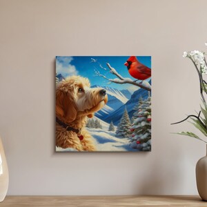 Cuadro de perro Doodle y cardenal, escena invernal. imagen 6