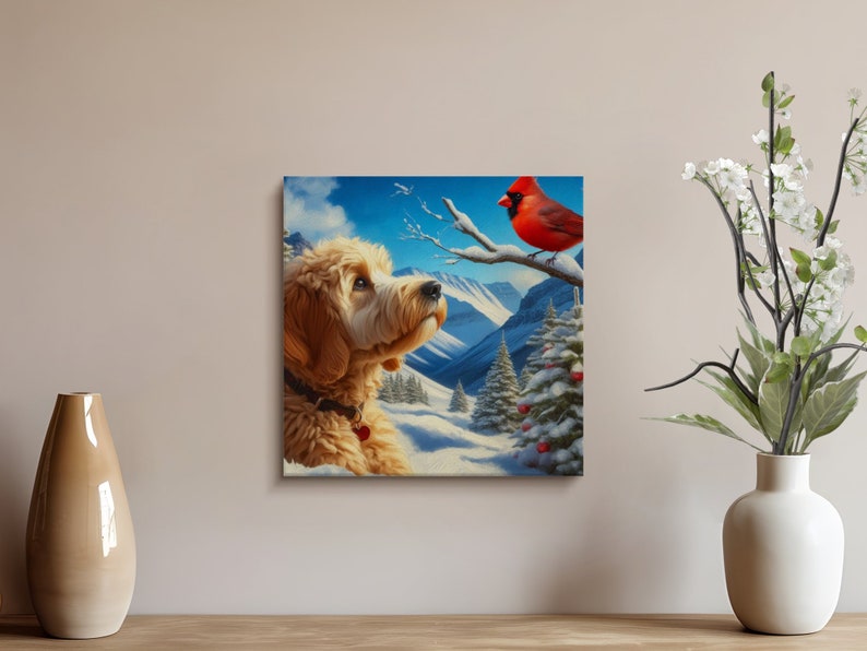 Cuadro de perro Doodle y cardenal, escena invernal. imagen 6