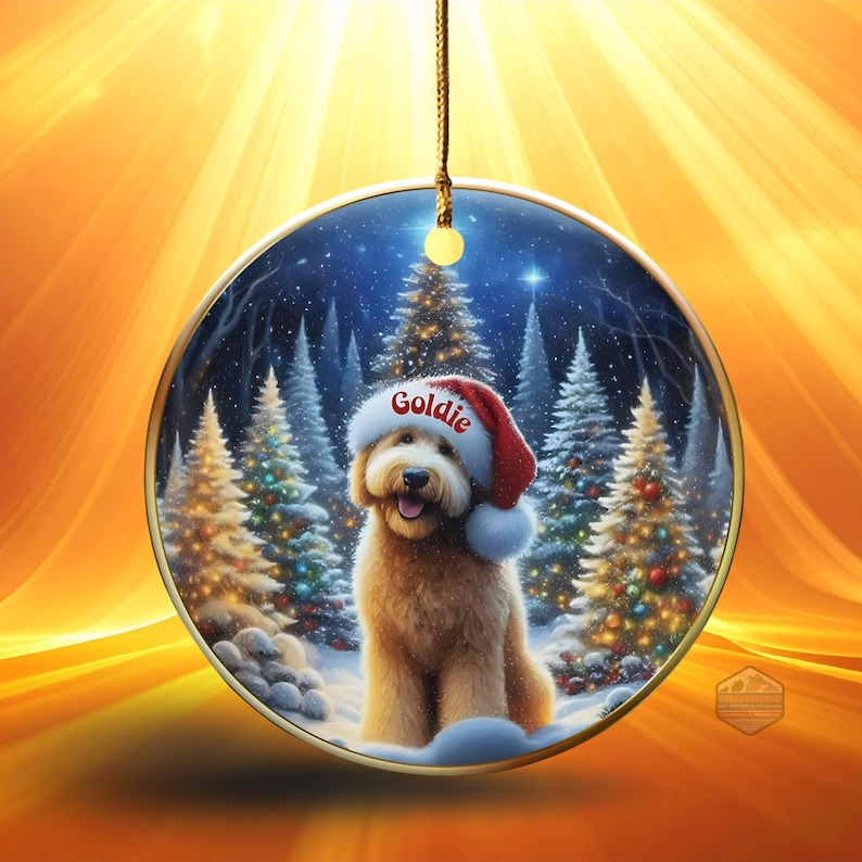 Goldendoodle in a gorgeous Christmas scene in this beautiful ceramic ornament.  Oil and ink design.