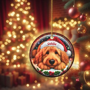 Ceramic golden doodle goldendoodle doodle dog ornament with impressive snow globe style design on both sides.  Excellent doodle mom gift.  Goldendoodle holiday heirloom gift and Christmas Tree Ornament!