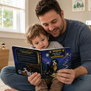 Pu&ograve; includere: Un libro cartonato per bambini intitolato Bernie and the Star That Lost Its Way, con una copertina blu scuro che presenta l'illustrazione di un cucciolo bianco e nero, una stella gialla, un sentiero tortuoso e il testo Every Epic Adventure Begins With One Brave Step.