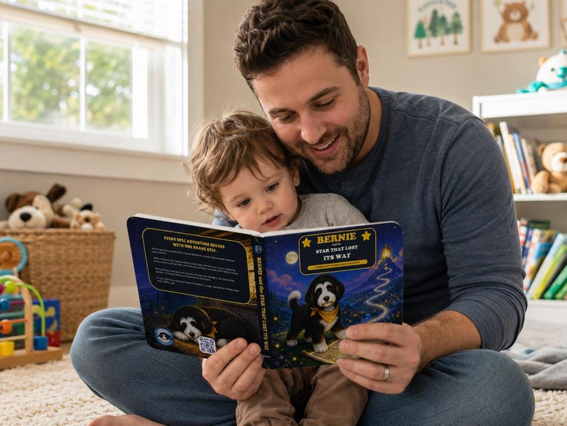 Pu&ograve; includere: Un libro cartonato per bambini intitolato Bernie and the Star That Lost Its Way, con una copertina blu scuro che presenta l'illustrazione di un cucciolo bianco e nero, una stella gialla, un sentiero tortuoso e il testo Every Epic Adventure Begins With One Brave Step.