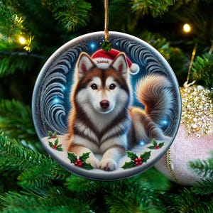 Personalized Husky Ornament, Ceramic Dog Keepsake | Two-Sided Sublimation | Brown White Pet Decor | Christmas Tree Gift image 8