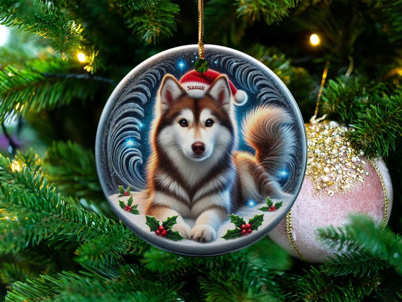 Personalized Husky Ornament, Ceramic Dog Keepsake | Two-Sided Sublimation | Brown White Pet Decor | Christmas Tree Gift image 8