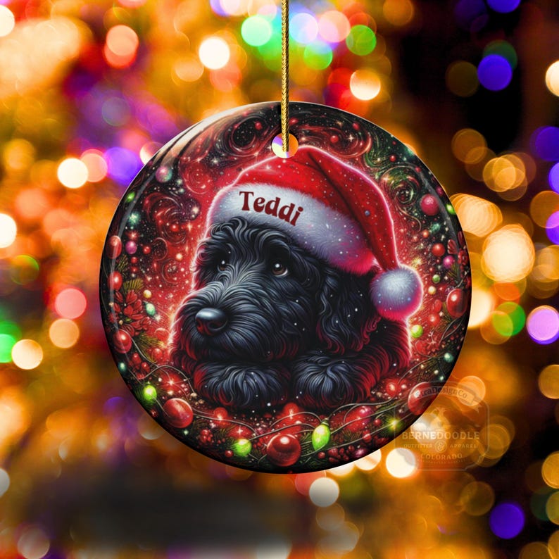 May include: Round Christmas ornament featuring a black dog wearing a Santa hat with the name "Teddi" on it. The ornament has a festive red background with Christmas lights and decorative elements. A gold string is attached for hanging.