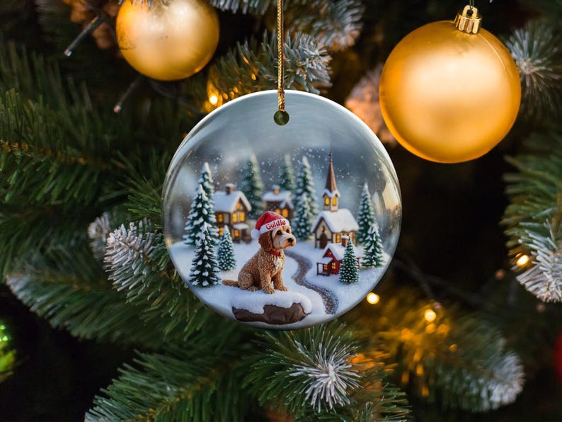 Personalized Christmas Tree Ornament, Holiday Decoration with Dog and Winter Scene, Festive Home Decor, Gift for Pet Lovers