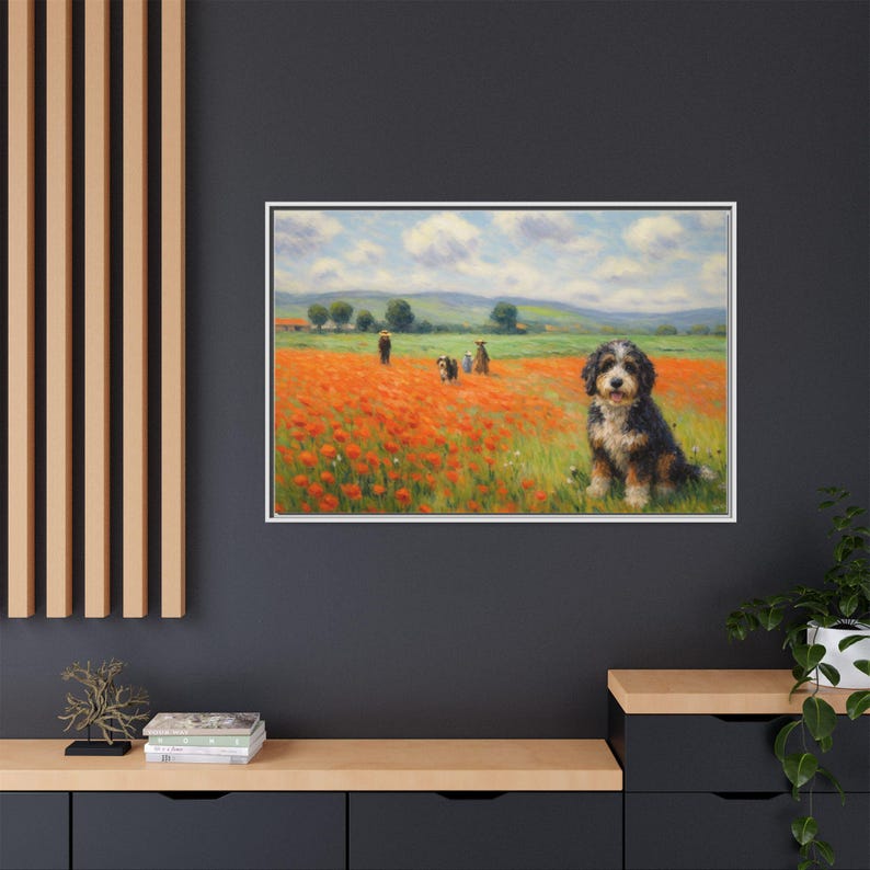 Bernedoodle Classic in un campo di papaveri - Tela incorniciata immagine 16