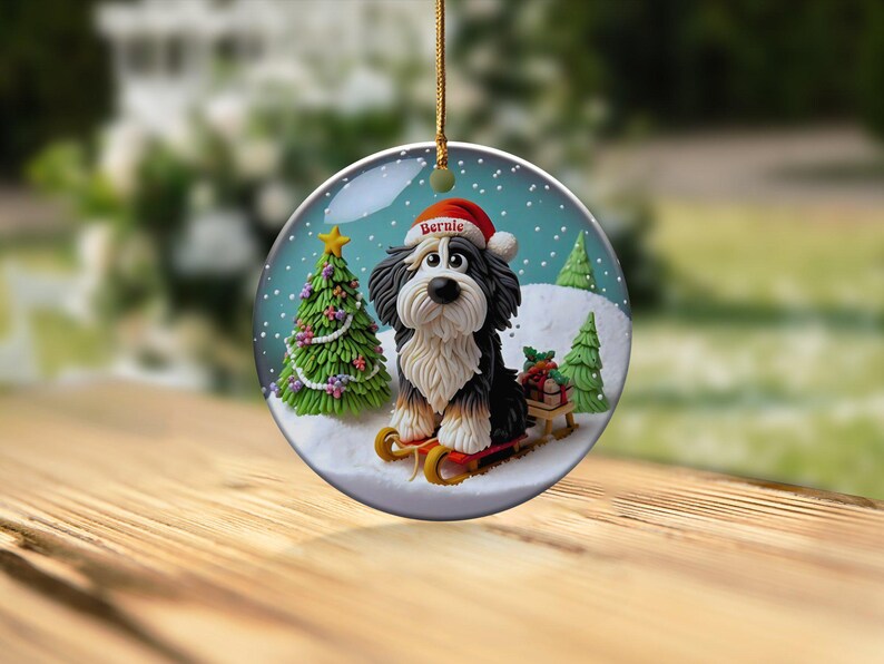 Bernedoodle Sledding, Snow Globe Style Ornament | Ceramic | 3 Inch Personalized Double Sided Keepsake afbeelding 6