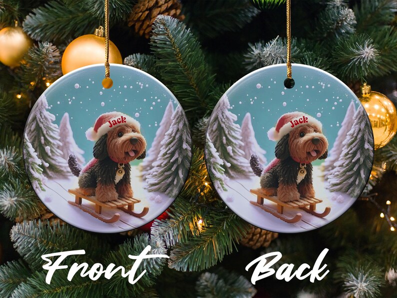 Personalized Dog Christmas Ornament, Custom Pet Holiday Decoration, Cute Puppy Sled Design, Double-Sided Tree Ornament