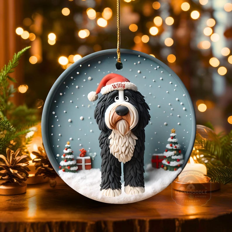 May include: A round Christmas ornament featuring a black and white dog wearing a red Santa hat with the name "Willy". The ornament has a snowy scene with Christmas trees and presents. The ornament is hanging by a gold string.