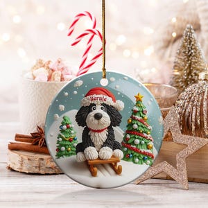 Christmas Ornament, Festive Dog On Sled - Claymation Style Artwork | Sublimation Ceramic | 3-Inch Double-Sided Holiday Decor image 2